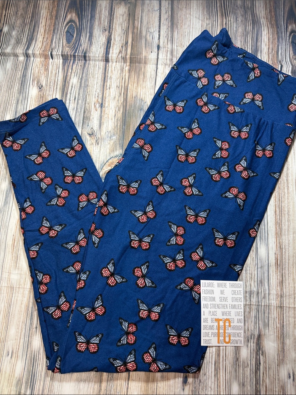 LuLaRoe Navy Blue Leggings with Red & Black Butterfly Print